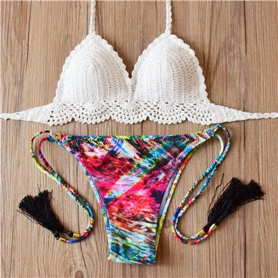 2017 New Bikini Women Pure Handmade Crochet Swimsuit Sexy Floral Print Bikini Swimwear Women Low Waist Bathing Suit Biquini Sets