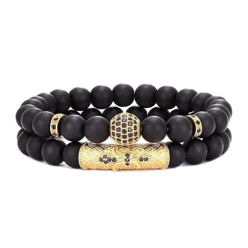 Classic Black Beads 2pc/Set Natural Glass Stone Bracelet Men Pave CZ 8mm Disco Ball  Bracelets Women Gold Jewelry