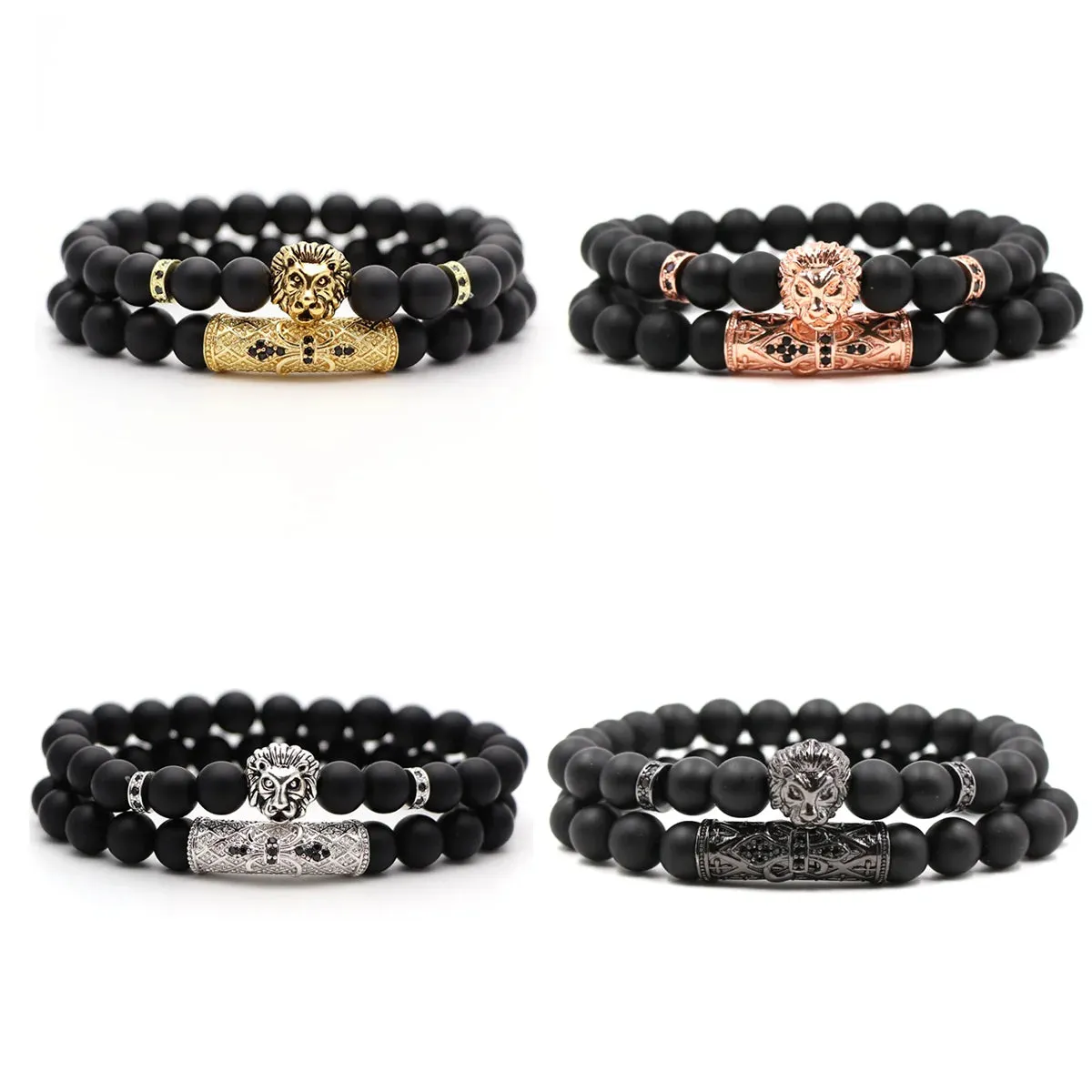 Classic Black Beads 2pc/Set Natural Glass Stone Bracelet Men Pave CZ 8mm Disco Ball  Bracelets Women Gold Jewelry