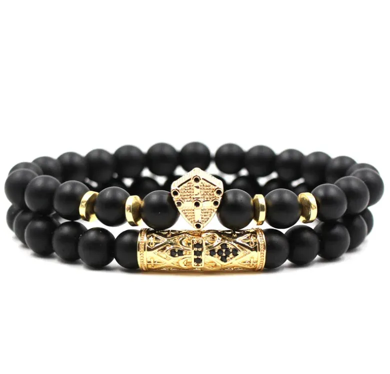 Classic Black Beads 2pc/Set Natural Glass Stone Bracelet Men Pave CZ 8mm Disco Ball  Bracelets Women Gold Jewelry