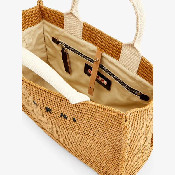 Cotton blend tote with embroidered Marni logo, raw sienna/natural