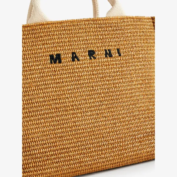 Cotton blend tote with embroidered Marni logo, raw sienna/natural