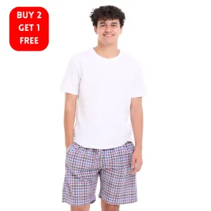Men summer pajama set White T-shirt   Black x Dark purple Checkered shorts