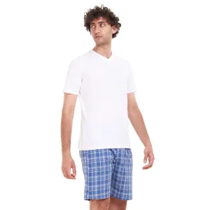 Men summer pajama set White T-shirt   Blue x White Checkered short