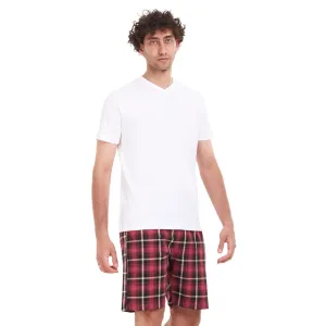 Men summer pajama set White T-shirt   Red x Black Checkered short