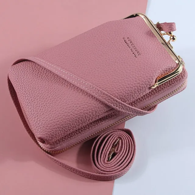 New Women Purses Solid Color Leather Shoulder Strap Bag Mobile Phone Big Card Holders Wallet Handbag Pockets for Girls