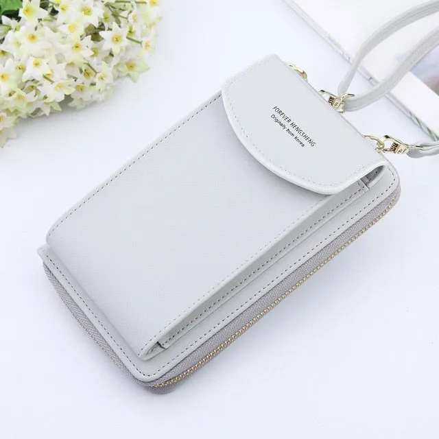 New Women Purses Solid Color Leather Shoulder Strap Bag Mobile Phone Big Card Holders Wallet Handbag Pockets for Girls