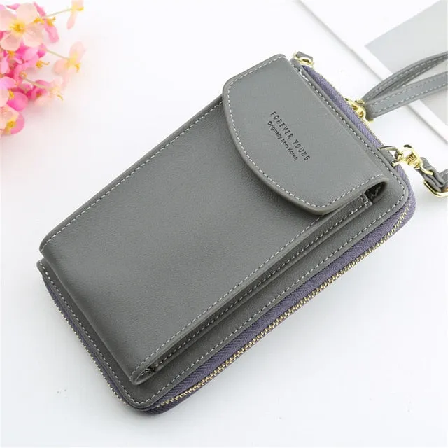 New Women Purses Solid Color Leather Shoulder Strap Bag Mobile Phone Big Card Holders Wallet Handbag Pockets for Girls