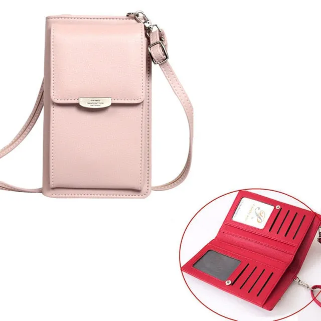 New Women Purses Solid Color Leather Shoulder Strap Bag Mobile Phone Big Card Holders Wallet Handbag Pockets for Girls