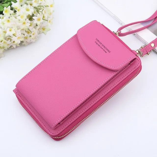 New Women Purses Solid Color Leather Shoulder Strap Bag Mobile Phone Big Card Holders Wallet Handbag Pockets for Girls