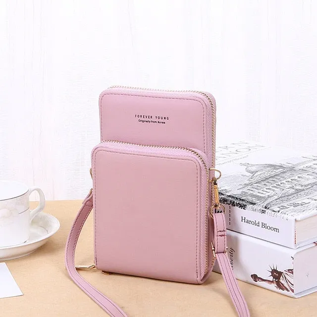 New Women Purses Solid Color Leather Shoulder Strap Bag Mobile Phone Big Card Holders Wallet Handbag Pockets for Girls