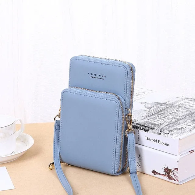 New Women Purses Solid Color Leather Shoulder Strap Bag Mobile Phone Big Card Holders Wallet Handbag Pockets for Girls