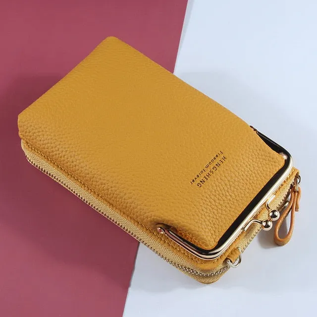 New Women Purses Solid Color Leather Shoulder Strap Bag Mobile Phone Big Card Holders Wallet Handbag Pockets for Girls