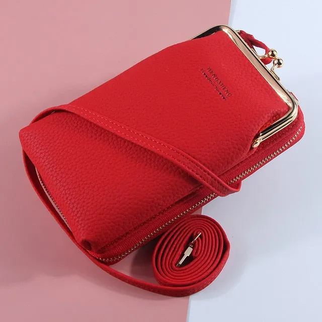New Women Purses Solid Color Leather Shoulder Strap Bag Mobile Phone Big Card Holders Wallet Handbag Pockets for Girls