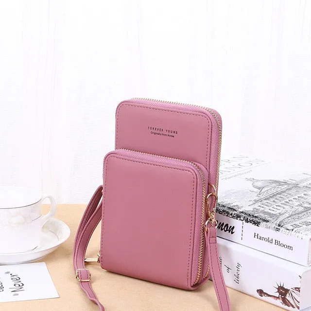 New Women Purses Solid Color Leather Shoulder Strap Bag Mobile Phone Big Card Holders Wallet Handbag Pockets for Girls