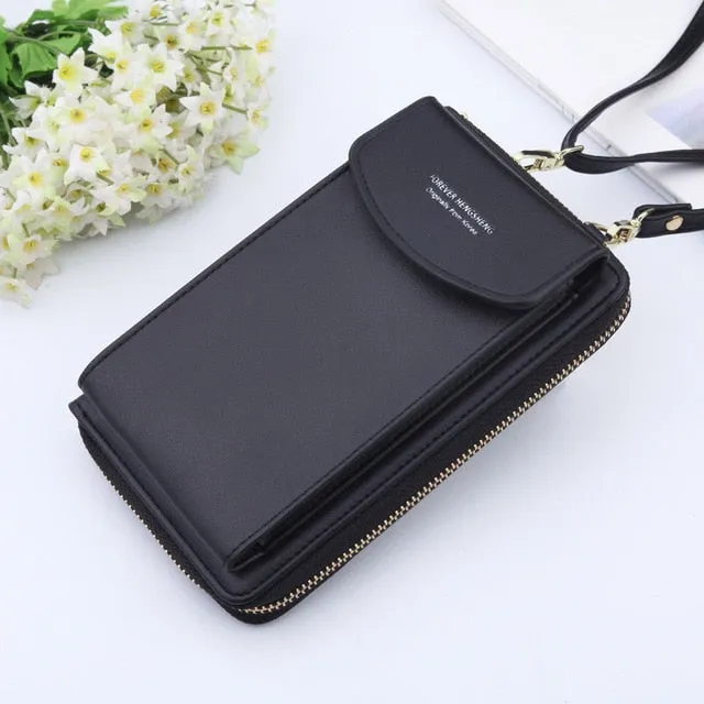 New Women Purses Solid Color Leather Shoulder Strap Bag Mobile Phone Big Card Holders Wallet Handbag Pockets for Girls