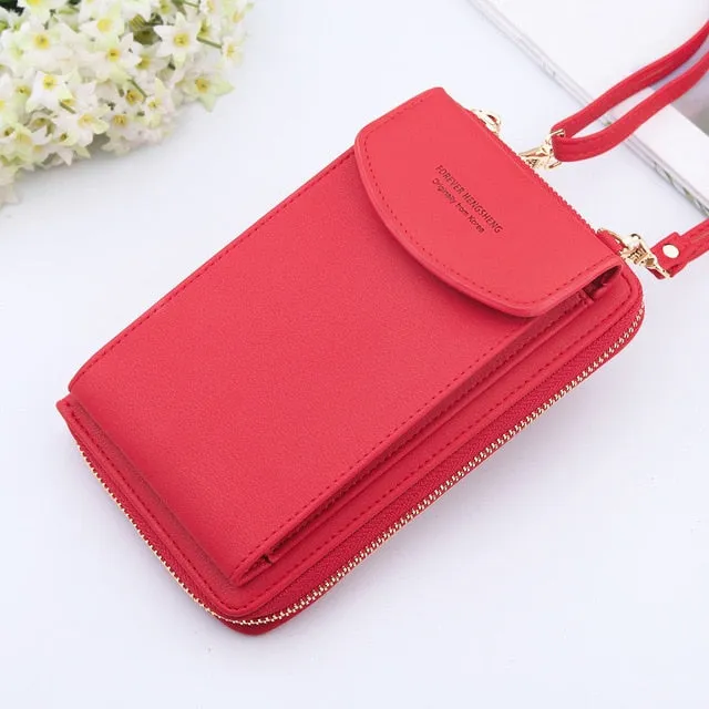 New Women Purses Solid Color Leather Shoulder Strap Bag Mobile Phone Big Card Holders Wallet Handbag Pockets for Girls