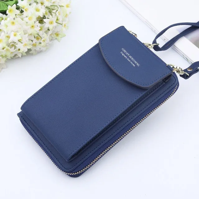 New Women Purses Solid Color Leather Shoulder Strap Bag Mobile Phone Big Card Holders Wallet Handbag Pockets for Girls