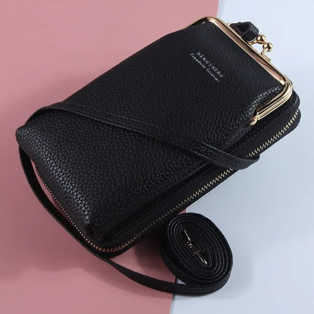 New Women Purses Solid Color Leather Shoulder Strap Bag Mobile Phone Big Card Holders Wallet Handbag Pockets for Girls