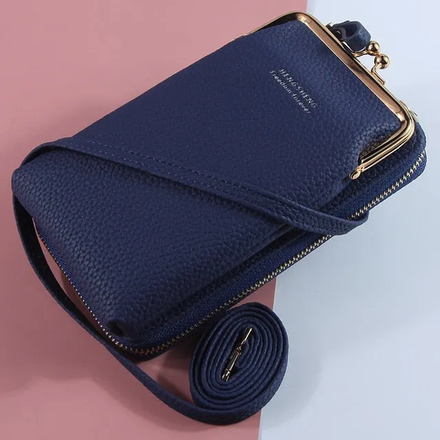New Women Purses Solid Color Leather Shoulder Strap Bag Mobile Phone Big Card Holders Wallet Handbag Pockets for Girls