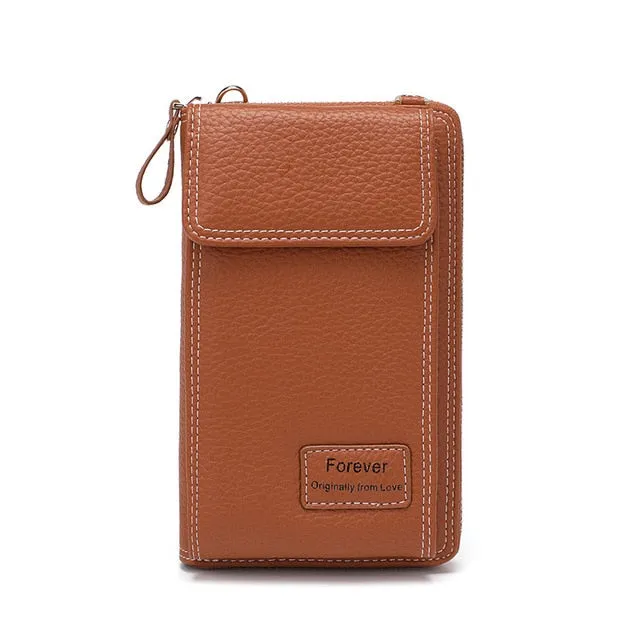 New Women Purses Solid Color Leather Shoulder Strap Bag Mobile Phone Big Card Holders Wallet Handbag Pockets for Girls