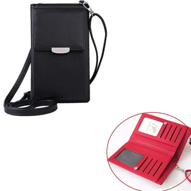 New Women Purses Solid Color Leather Shoulder Strap Bag Mobile Phone Big Card Holders Wallet Handbag Pockets for Girls