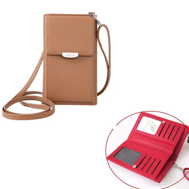 New Women Purses Solid Color Leather Shoulder Strap Bag Mobile Phone Big Card Holders Wallet Handbag Pockets for Girls
