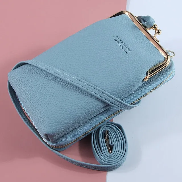 New Women Purses Solid Color Leather Shoulder Strap Bag Mobile Phone Big Card Holders Wallet Handbag Pockets for Girls