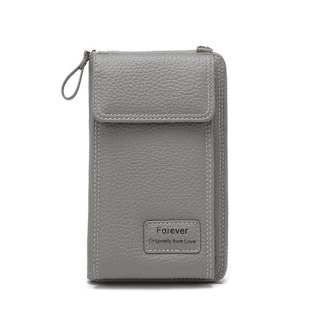 New Women Purses Solid Color Leather Shoulder Strap Bag Mobile Phone Big Card Holders Wallet Handbag Pockets for Girls