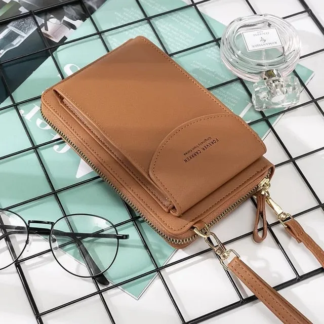 New Women Purses Solid Color Leather Shoulder Strap Bag Mobile Phone Big Card Holders Wallet Handbag Pockets for Girls