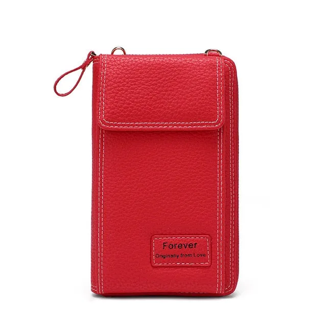 New Women Purses Solid Color Leather Shoulder Strap Bag Mobile Phone Big Card Holders Wallet Handbag Pockets for Girls