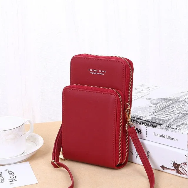 New Women Purses Solid Color Leather Shoulder Strap Bag Mobile Phone Big Card Holders Wallet Handbag Pockets for Girls