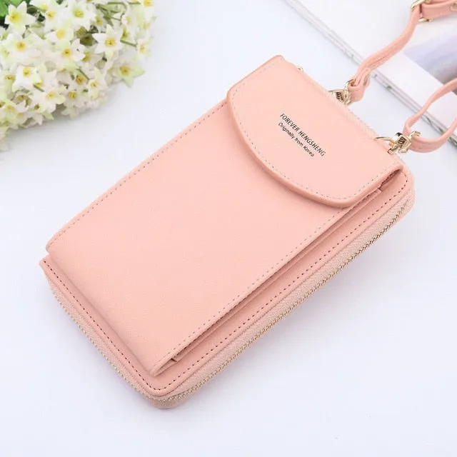New Women Purses Solid Color Leather Shoulder Strap Bag Mobile Phone Big Card Holders Wallet Handbag Pockets for Girls
