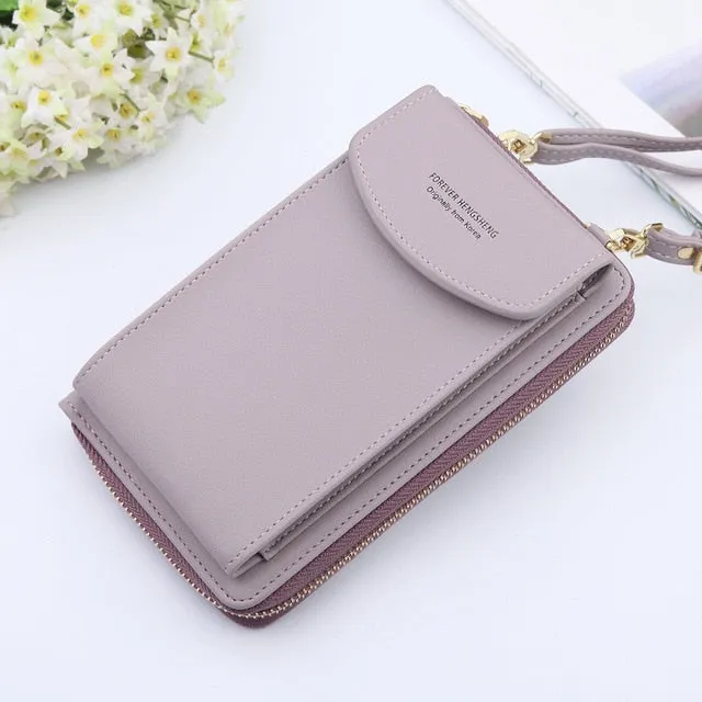 New Women Purses Solid Color Leather Shoulder Strap Bag Mobile Phone Big Card Holders Wallet Handbag Pockets for Girls