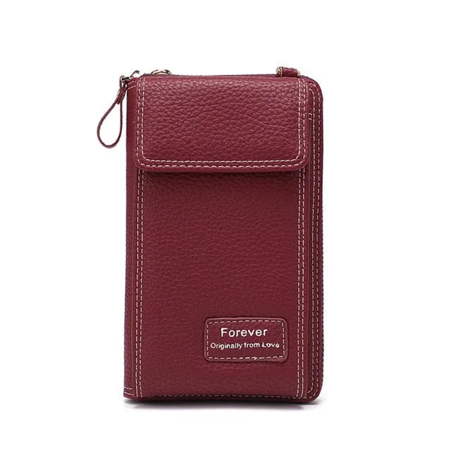 New Women Purses Solid Color Leather Shoulder Strap Bag Mobile Phone Big Card Holders Wallet Handbag Pockets for Girls