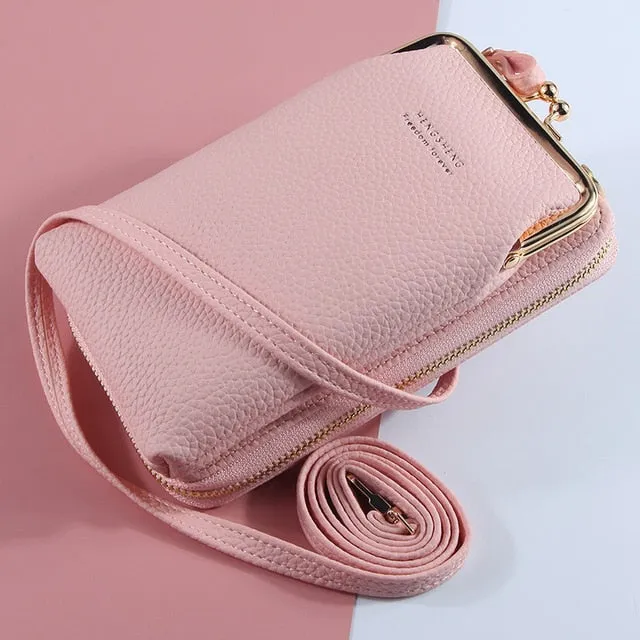 New Women Purses Solid Color Leather Shoulder Strap Bag Mobile Phone Big Card Holders Wallet Handbag Pockets for Girls