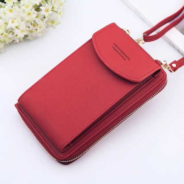 New Women Purses Solid Color Leather Shoulder Strap Bag Mobile Phone Big Card Holders Wallet Handbag Pockets for Girls