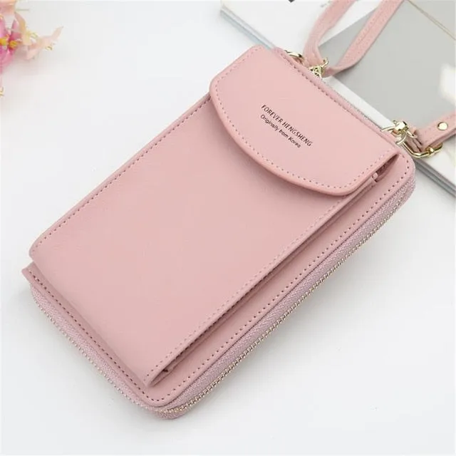 New Women Purses Solid Color Leather Shoulder Strap Bag Mobile Phone Big Card Holders Wallet Handbag Pockets for Girls