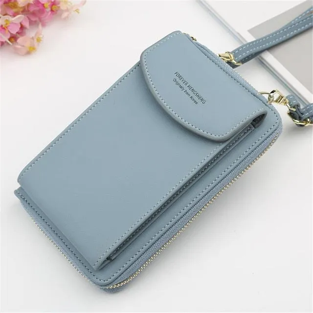 New Women Purses Solid Color Leather Shoulder Strap Bag Mobile Phone Big Card Holders Wallet Handbag Pockets for Girls