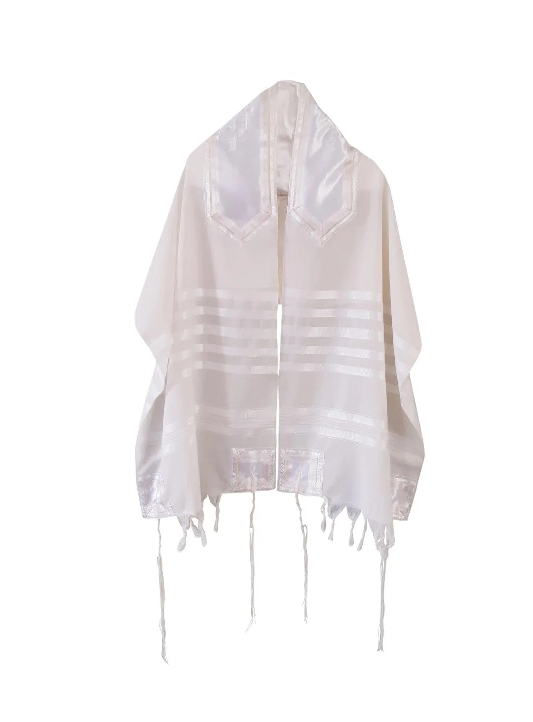 White On White Classic Tallit With Embroidered Atarah, Tzitzit Hebrew Prayer Shawl, Bar Mitzvah Tallit